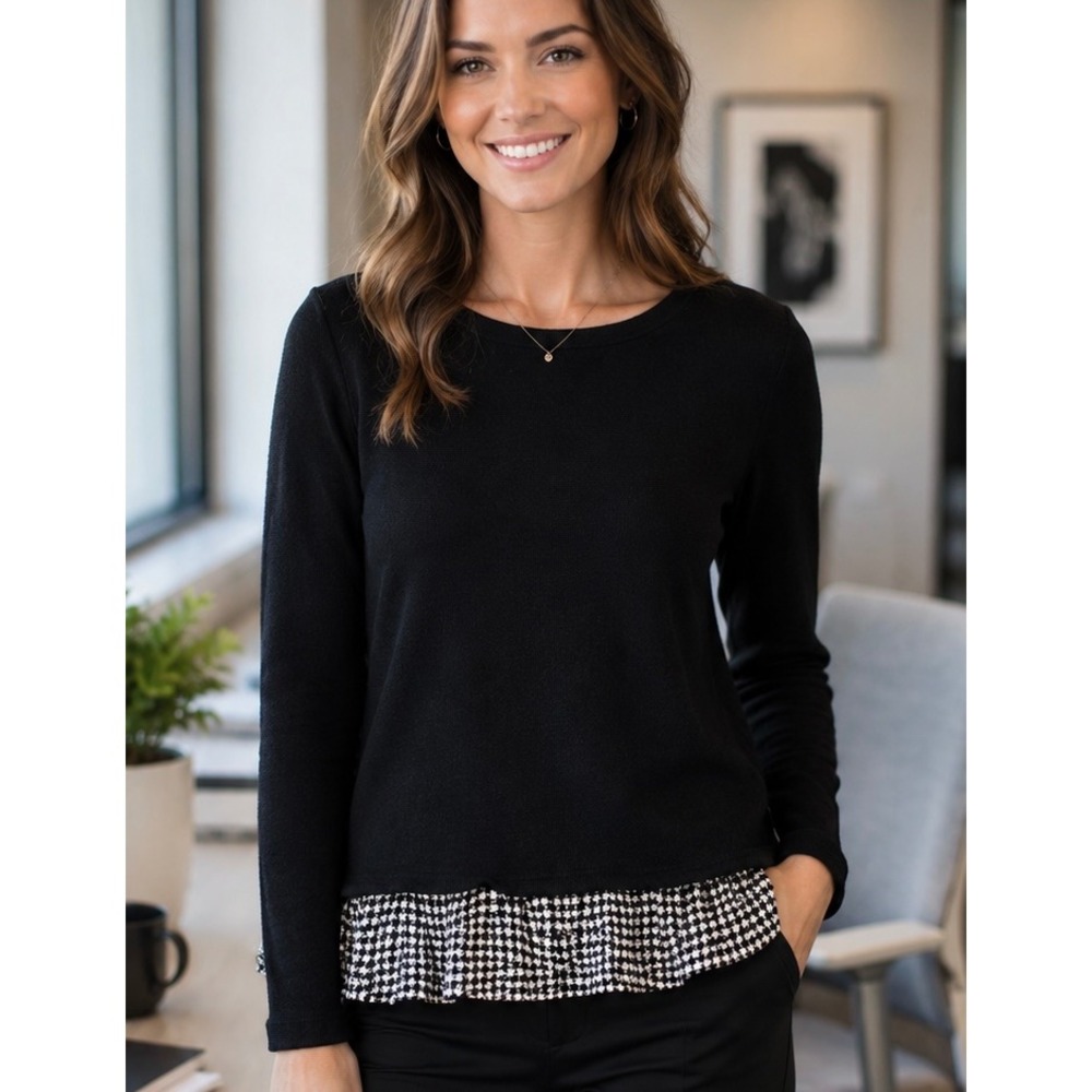 J. Crew Womens Top Black XS Houndstooth‎ Hem Preppy Work Office Classic